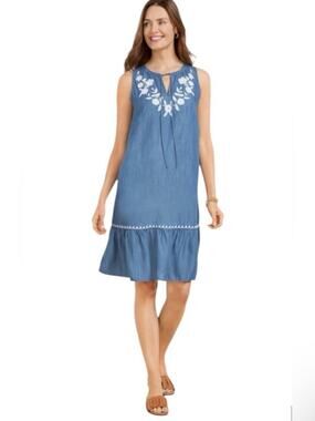TALBOTS Petite Chambray Coastal Cowgirl embroidered detail Midi Dress XL